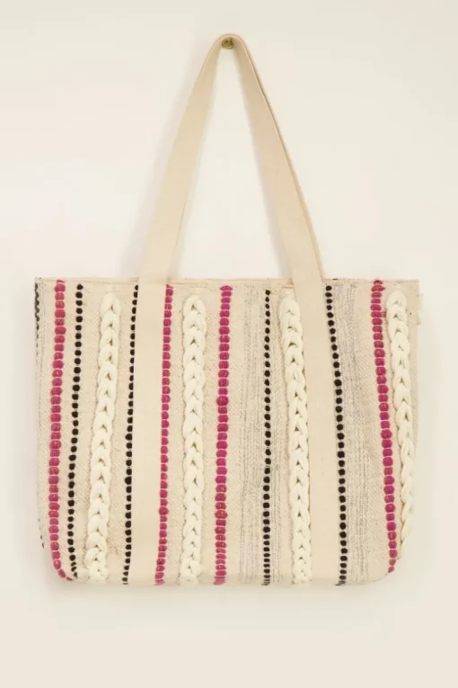 Beige Shopper Met Multikleur Strepen & Gevlochten Details