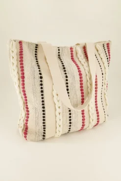 Beige Shopper Met Multikleur Strepen & Gevlochten Details