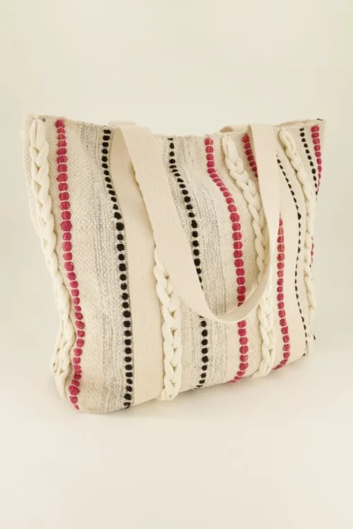 Beige Shopper Met Multikleur Strepen & Gevlochten Details