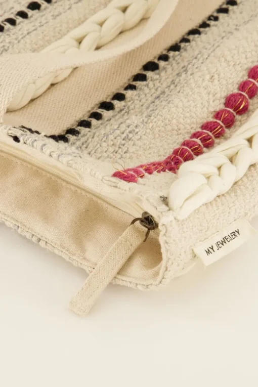 Beige Shopper Met Multikleur Strepen & Gevlochten Details