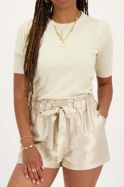 Beige Short Satijnen Look Met Strikdetail