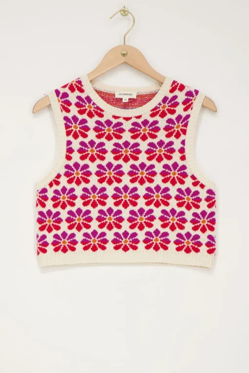 Beige Spencer Met Multikleur Jacquard Bloemenprint