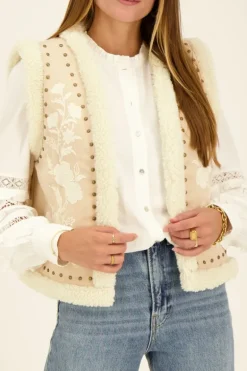 Beige Teddy Gilet Met Embroidery