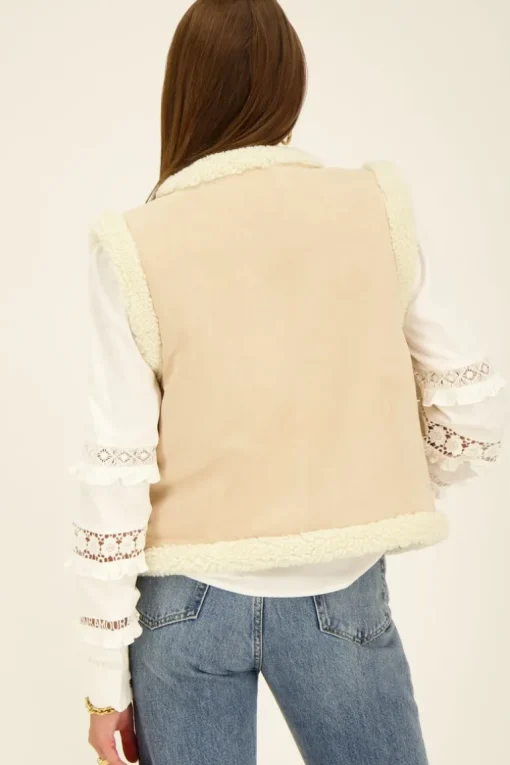 Beige Teddy Gilet Met Embroidery