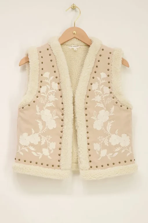 Beige Teddy Gilet Met Embroidery
