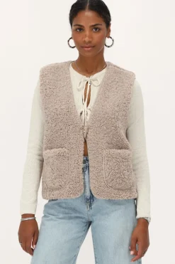 Beige Teddy Gilet Met Knoop