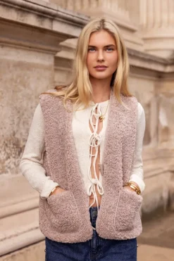 Beige Teddy Gilet Met Knoop