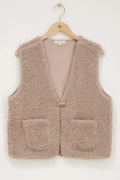 Beige Teddy Gilet Met Knoop