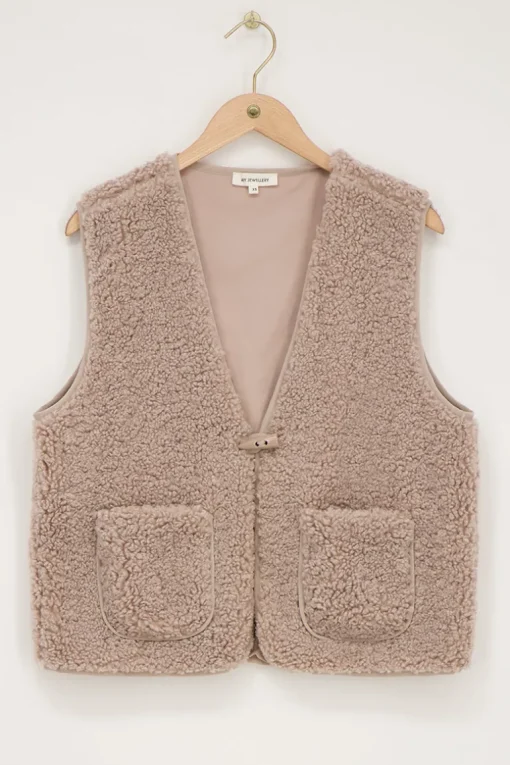 Beige Teddy Gilet Met Knoop