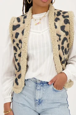 Beige Teddy Gilet Met Panterprint