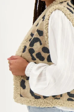 Beige Teddy Gilet Met Panterprint