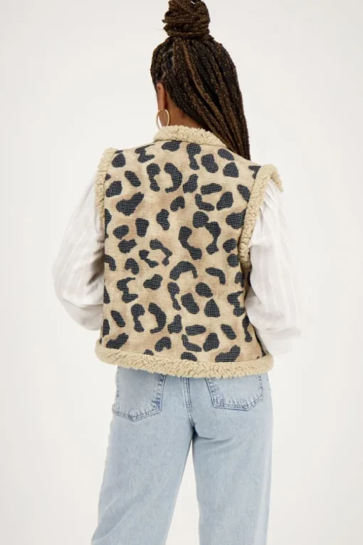 Beige Teddy Gilet Met Panterprint