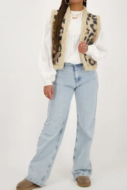 Beige Teddy Gilet Met Panterprint
