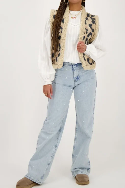 Beige Teddy Gilet Met Panterprint