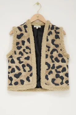 Beige Teddy Gilet Met Panterprint