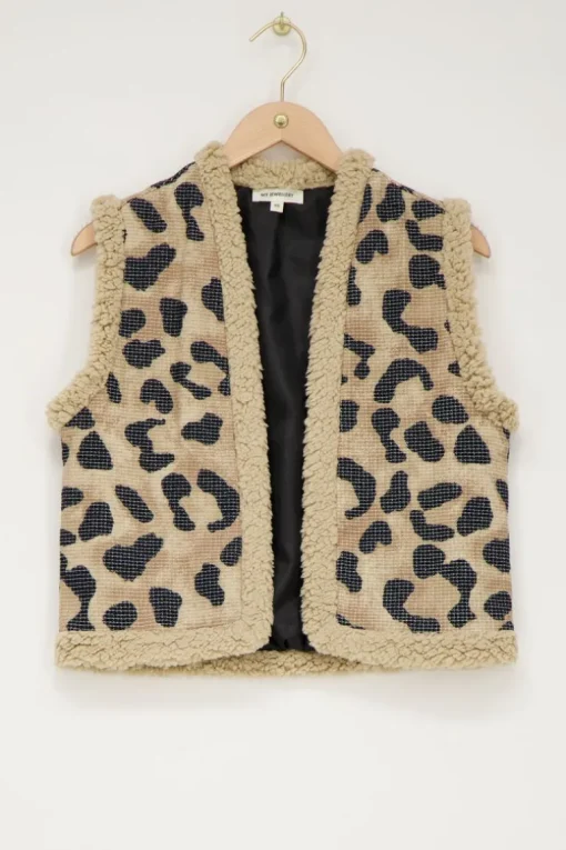 Beige Teddy Gilet Met Panterprint