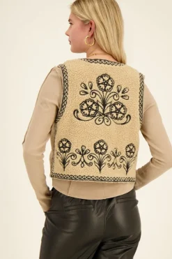 Beige Teddy Gilet Met Zwarte Embroidery