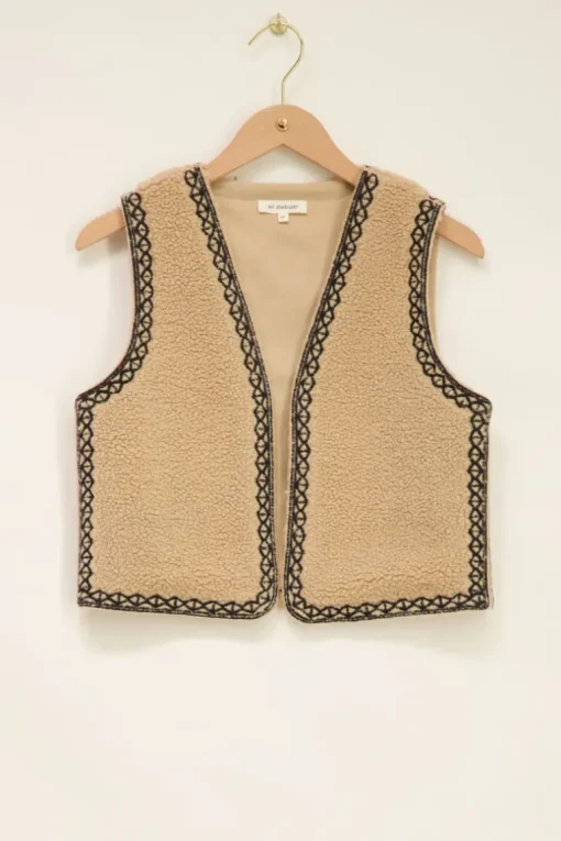 Beige Teddy Gilet Met Zwarte Embroidery