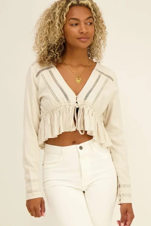 Beige Top Met Kanten Bandjes & Strik Detail