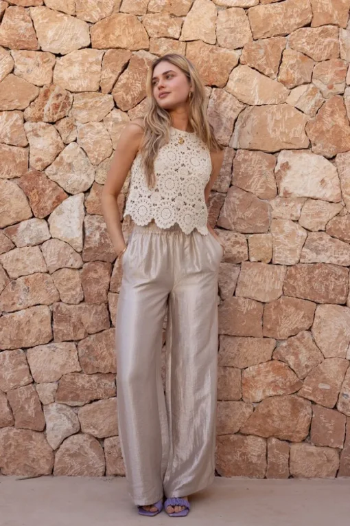 Beige Wide Leg Broek Satijnen Look