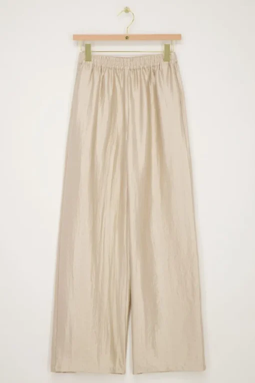 Beige Wide Leg Broek Satijnen Look