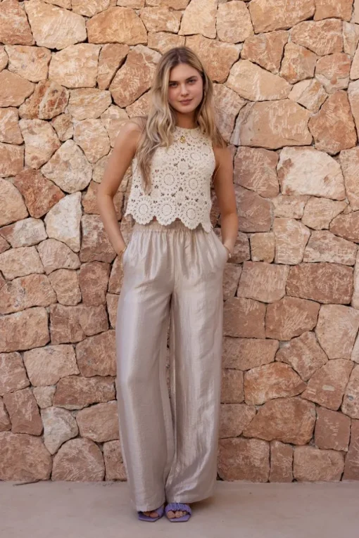Beige Wide Leg Broek Satijnen Look
