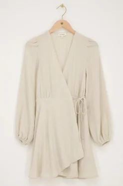 Beige Wikkeljurk Linnen Look