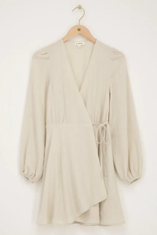 Beige Wikkeljurk Linnen Look