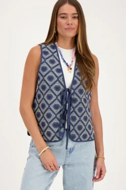 Blauw Chambray Gilet Met Hartjes Embroidery