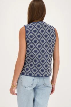 Blauw Chambray Gilet Met Hartjes Embroidery