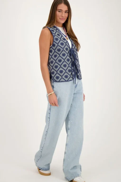 Blauw Chambray Gilet Met Hartjes Embroidery