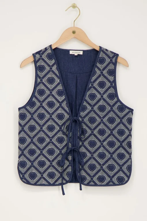 Blauw Chambray Gilet Met Hartjes Embroidery