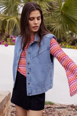 Blauw Denim Gilet Met Schoudervulling