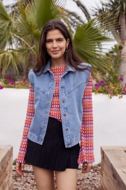 Blauw Denim Gilet Met Schoudervulling
