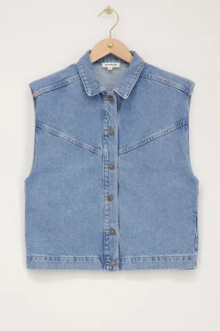 Blauw Denim Gilet Met Schoudervulling
