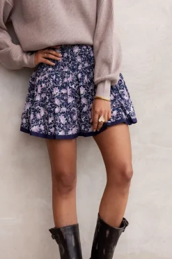 Blauw Rokje Met Paarse Bloemenprint