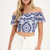 Blauwe Cropped Top Met Contrasterende Embroidery