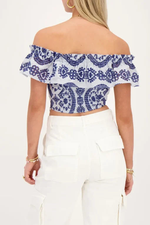 Blauwe Cropped Top Met Contrasterende Embroidery