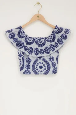 Blauwe Cropped Top Met Contrasterende Embroidery