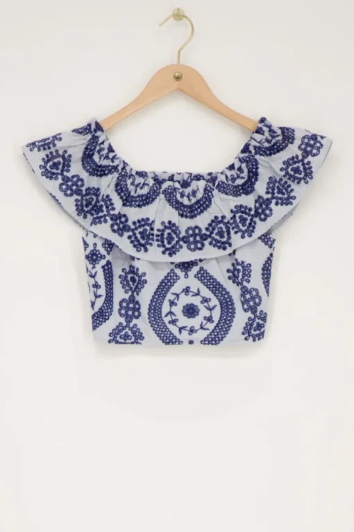 Blauwe Cropped Top Met Contrasterende Embroidery