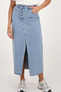 Blauwe Denim Midi Rok Met Knopen