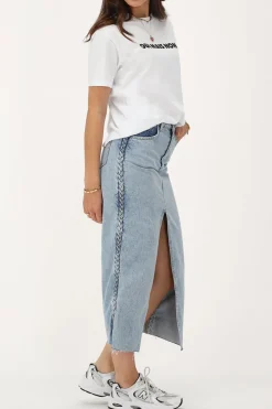 Blauwe Denim Midi Rok Met Vlecht Detail