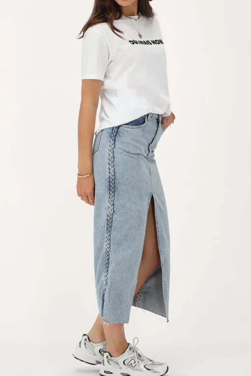Blauwe Denim Midi Rok Met Vlecht Detail