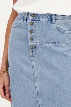 Blauwe Denim Midi Rok Met Knopen