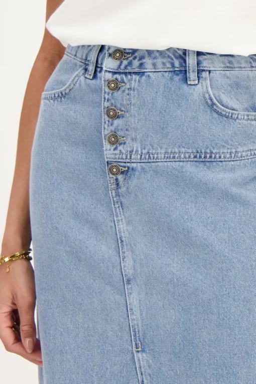 Blauwe Denim Midi Rok Met Knopen