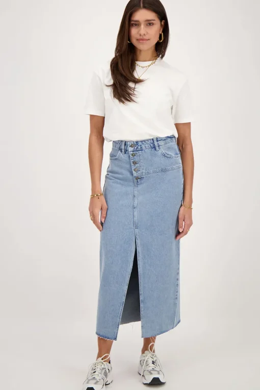 Blauwe Denim Midi Rok Met Knopen