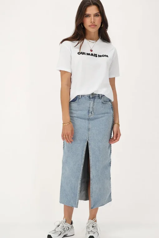 Blauwe Denim Midi Rok Met Vlecht Detail