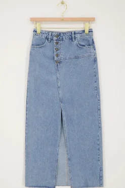 Blauwe Denim Midi Rok Met Knopen