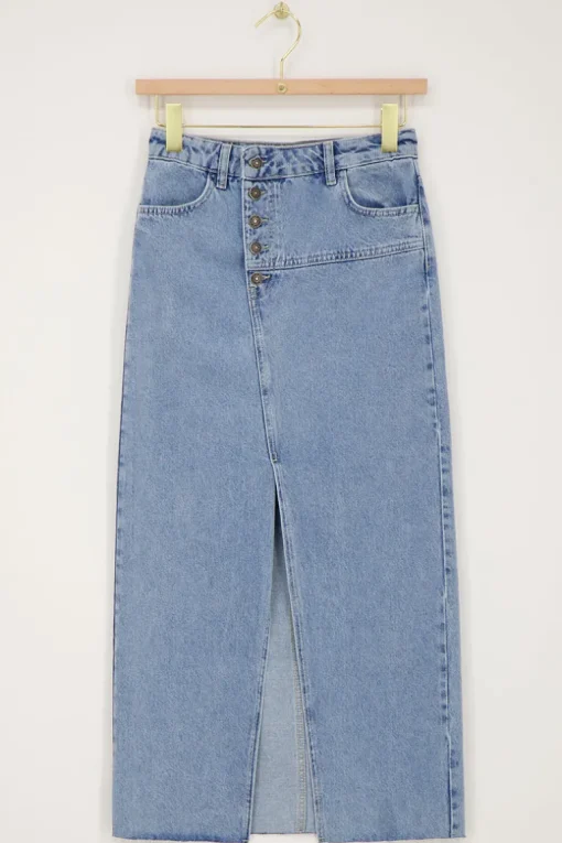 Blauwe Denim Midi Rok Met Knopen