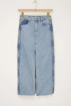 Blauwe Denim Midi Rok Met Vlecht Detail